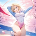 桜の下でパーカー長袖ハイレグレオタード姿の金髪ショート新体操美少女 3枚目