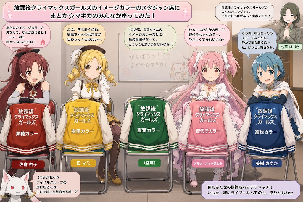 放課後クライマックスガールズのイメージカラーのスタジャンを掛けた椅子に座るまどマギキャラ