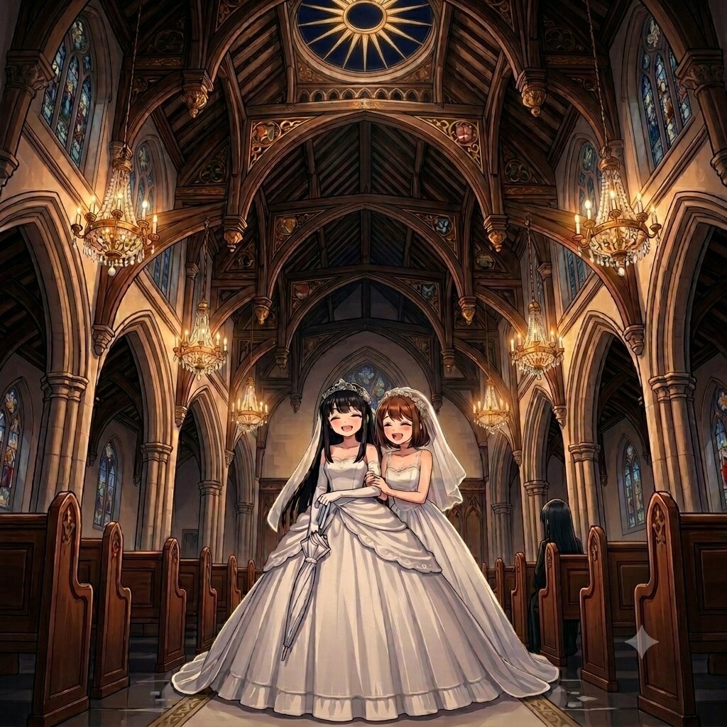結婚式場で笑い合う廃村ちゃんと取り込まれた娘
