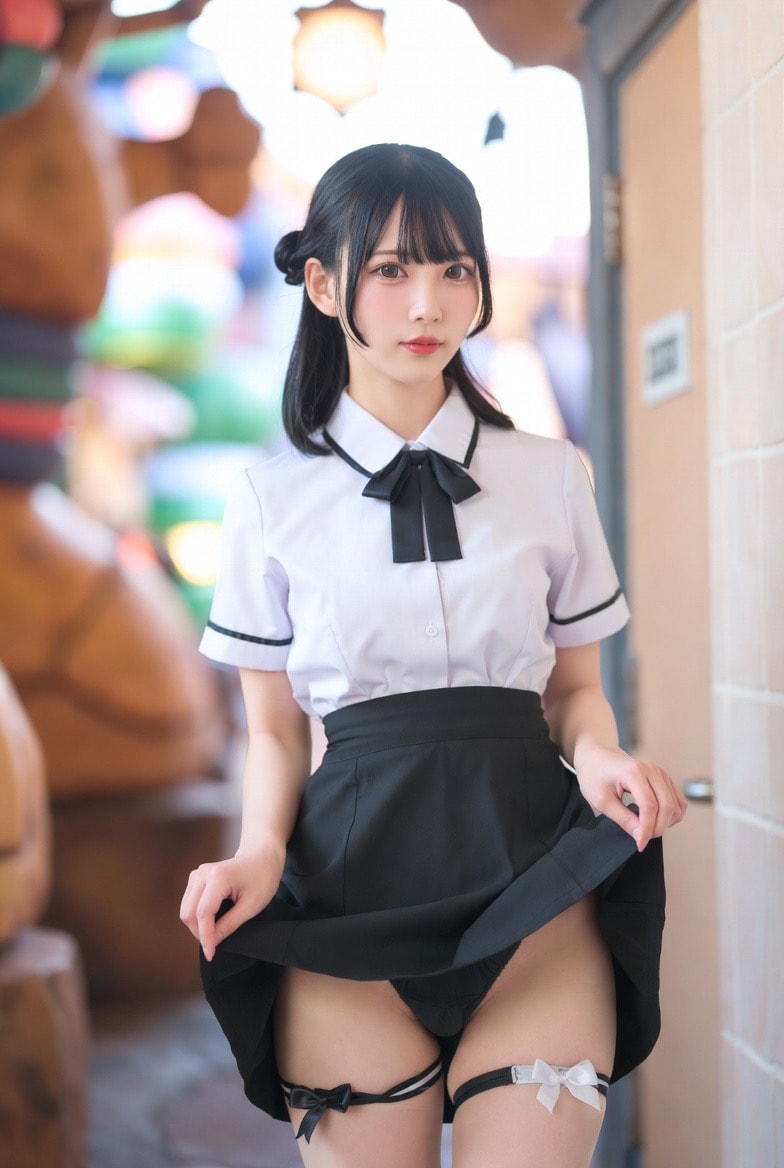 アトラクションの陰でたくし上げ