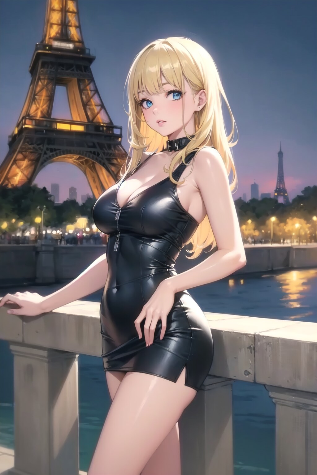 夜のエッフェル塔と金髪美女