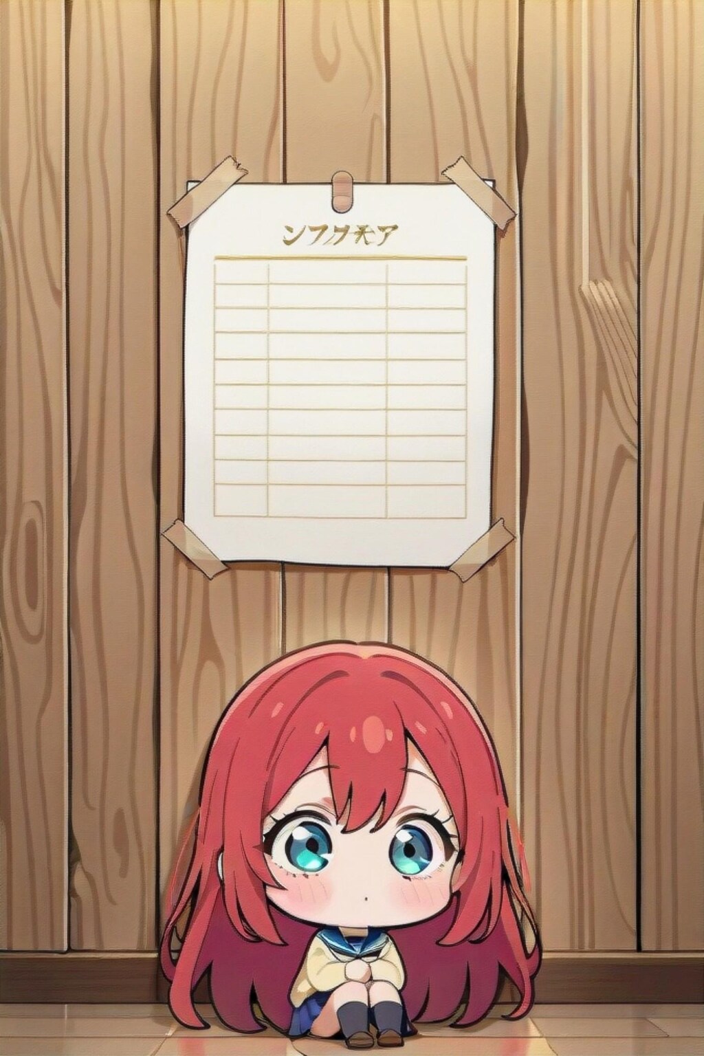 張り紙と赤髪ちゃん