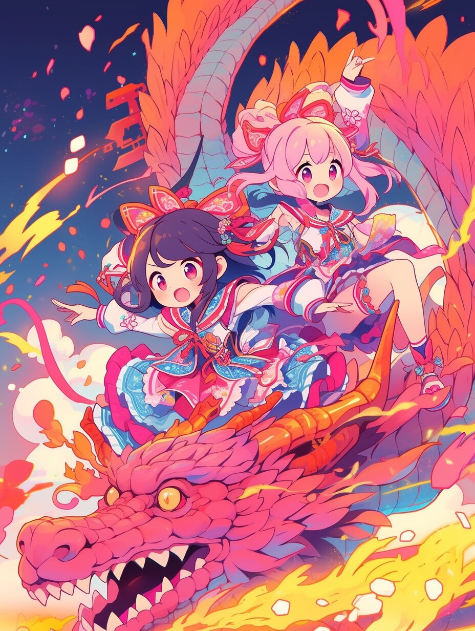 ドラゴンに乗って冒険する女の子たち