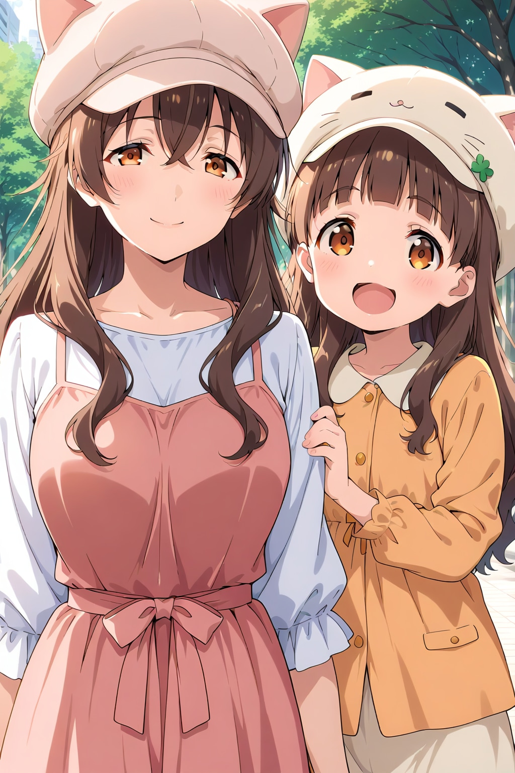 メグ姉ちゃんとナナさん、猫耳帽子でお散歩