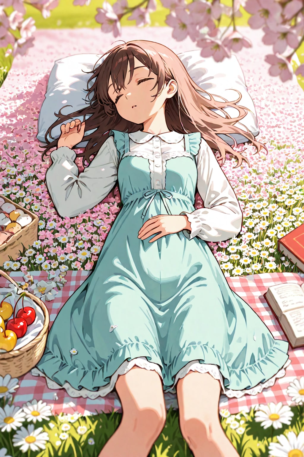 桜とデイジーの花畑で寝る少女🌸🌼💤❤️