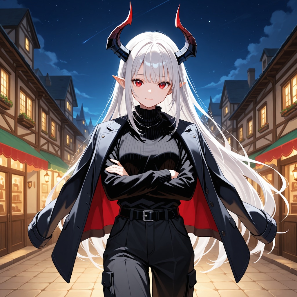 星空と夜の街を散歩する銀髪竜姫さん