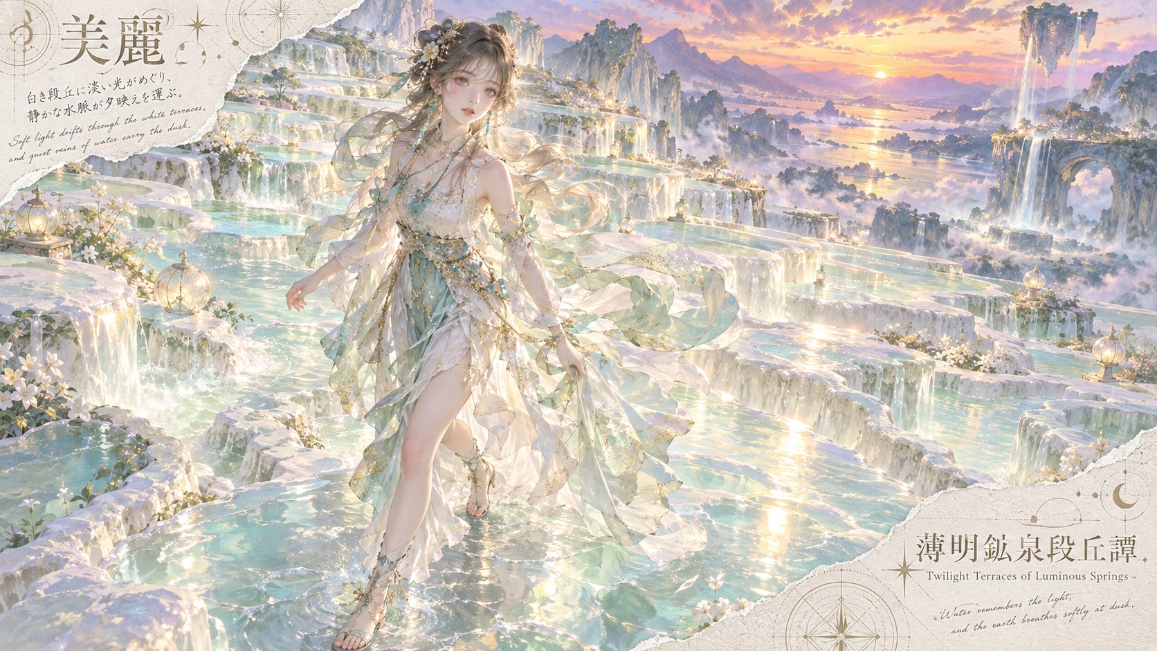 Twilight Terraces of Luminous Springs  Soft light drifts through the white terraces, and quiet veins | の人気AIイラスト・グラビア
