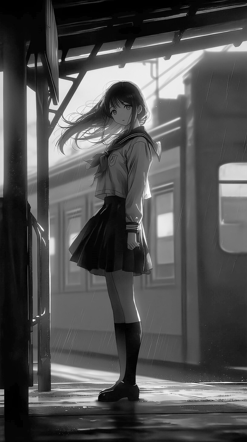 雨の駅で佇む君