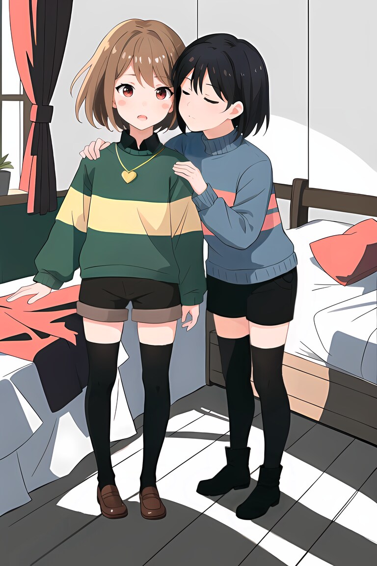 キャラちゃんにほっぺキスを狙うフリスク