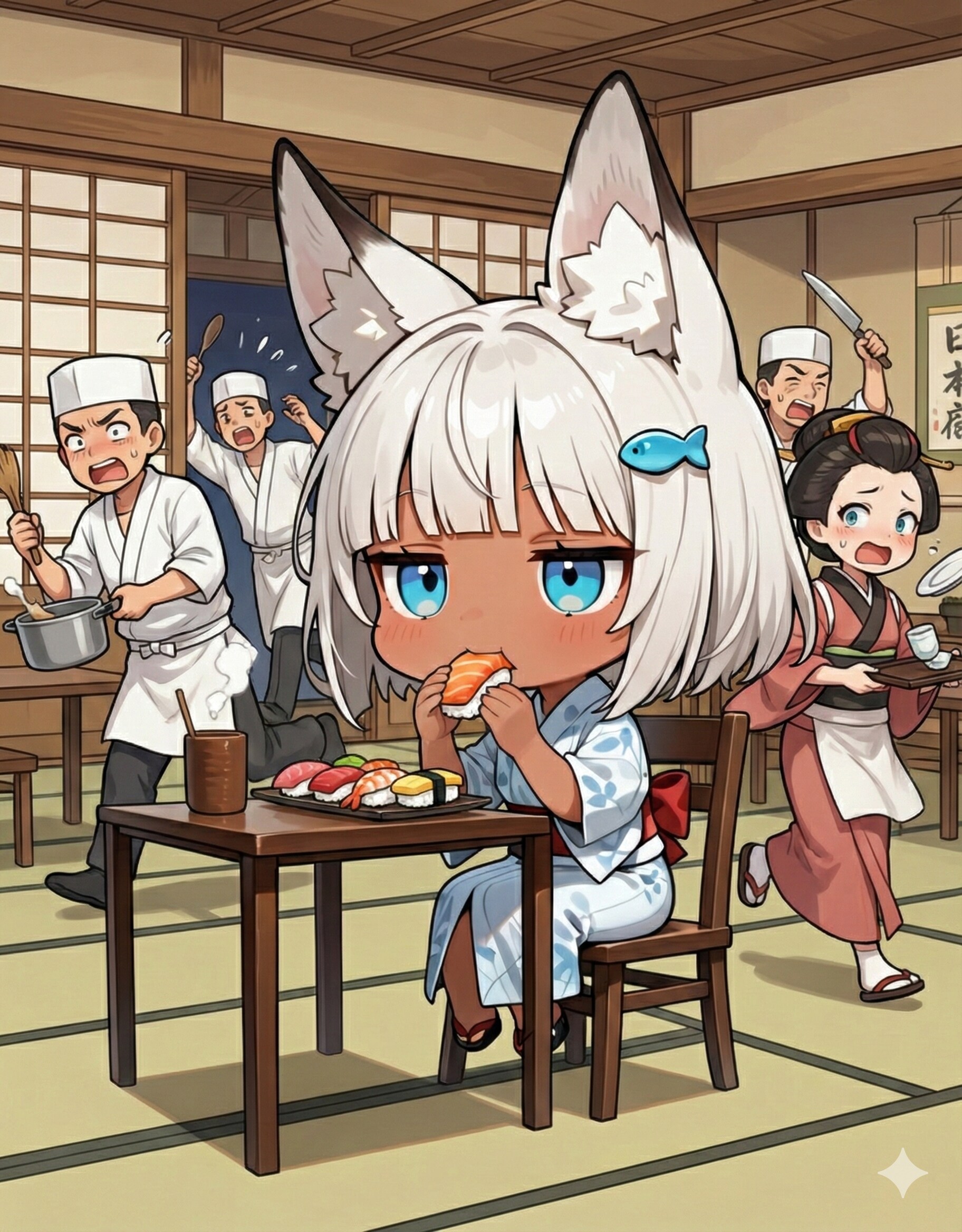 寿司に夢中で逃げ遅れた白狐ちゃん