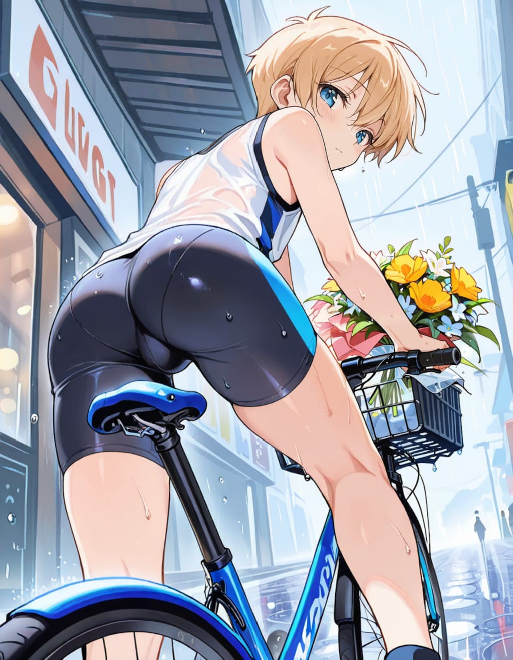 雨に濡れた自転車少年