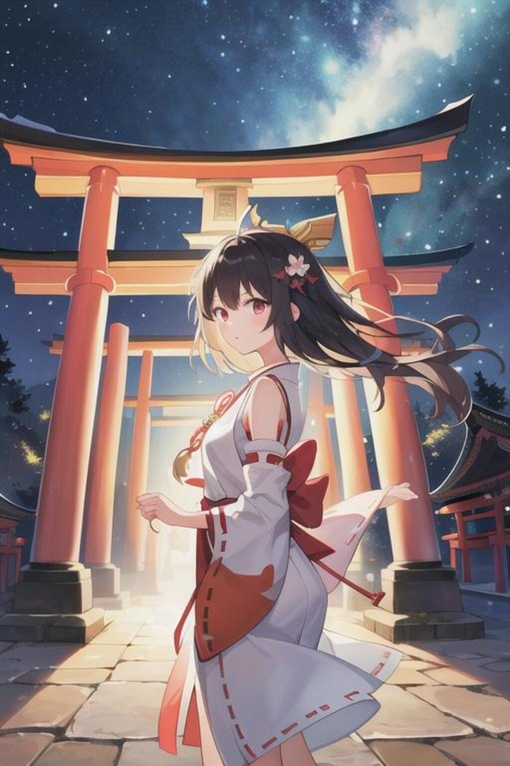 巫女さんと夜空