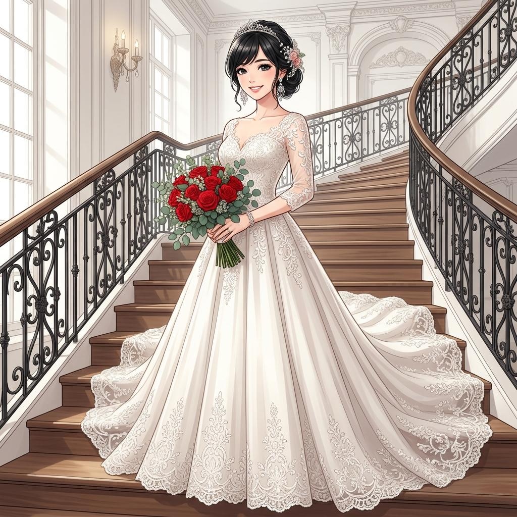 ウェディングドレスに赤い花