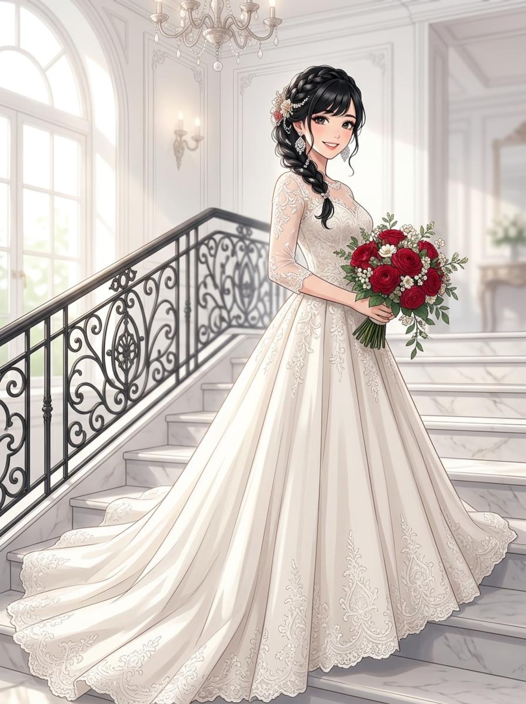 ウェディングドレスに赤い花