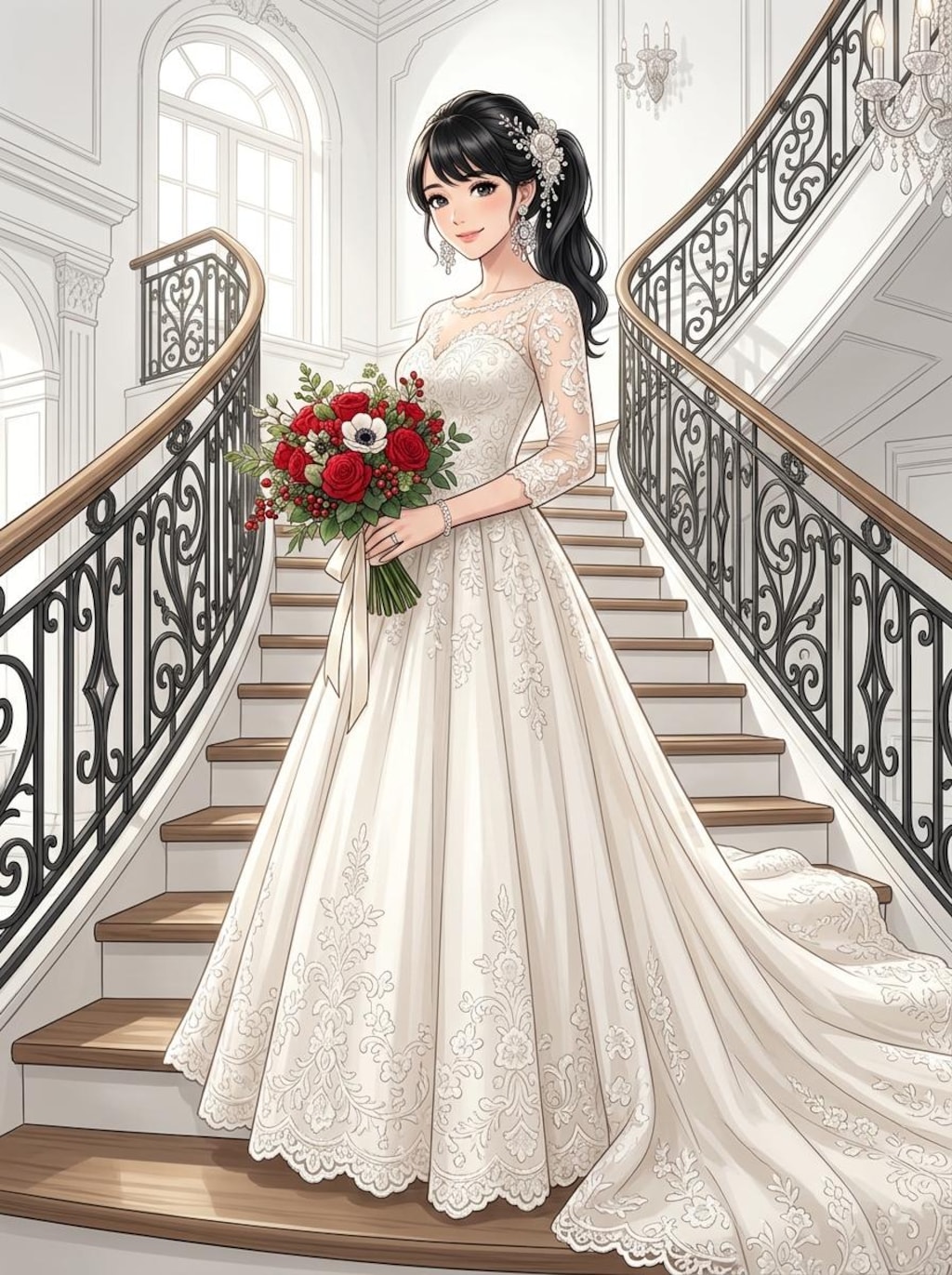 ウェディングドレスに赤い花