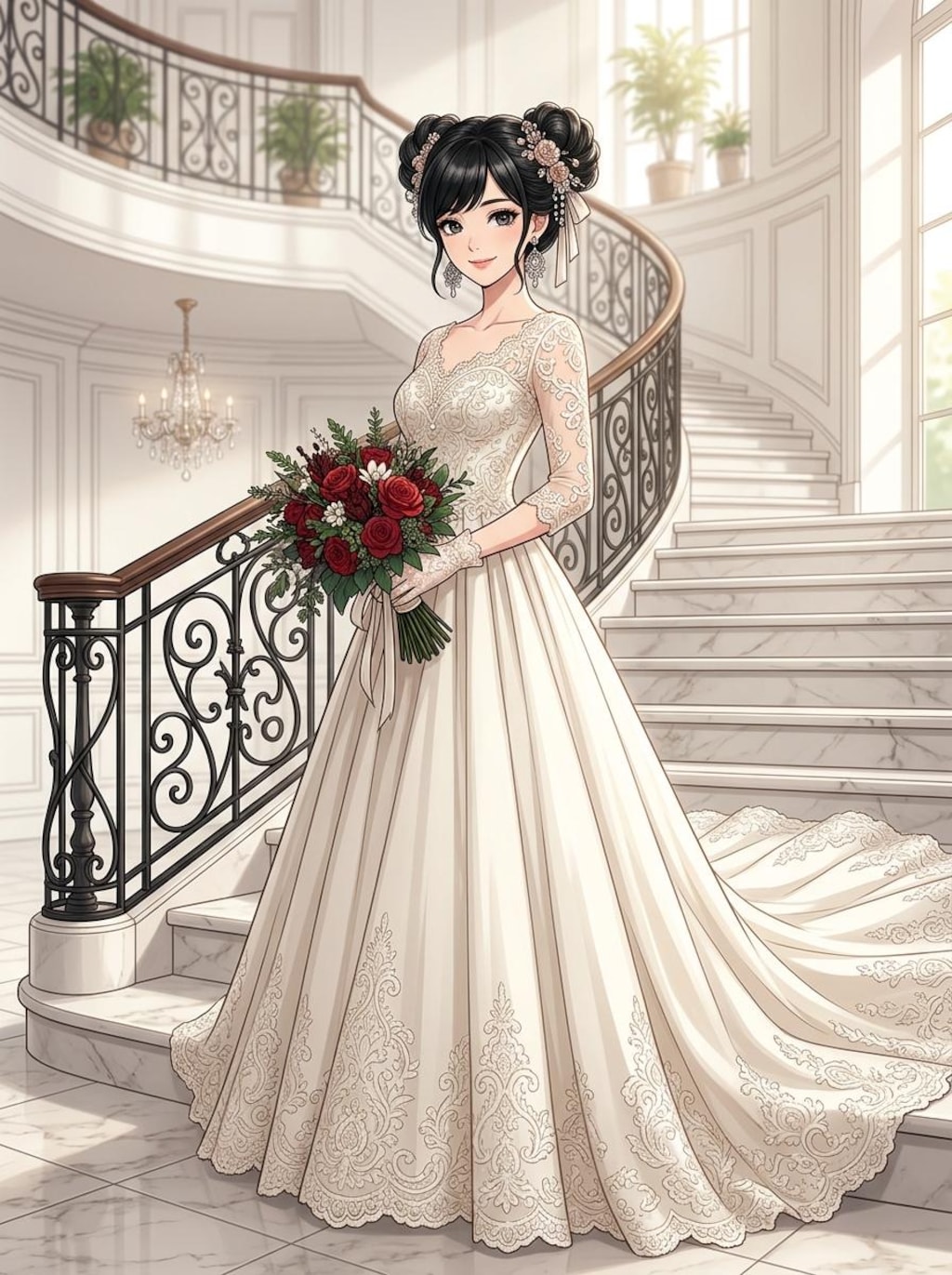 ウェディングドレスに赤い花