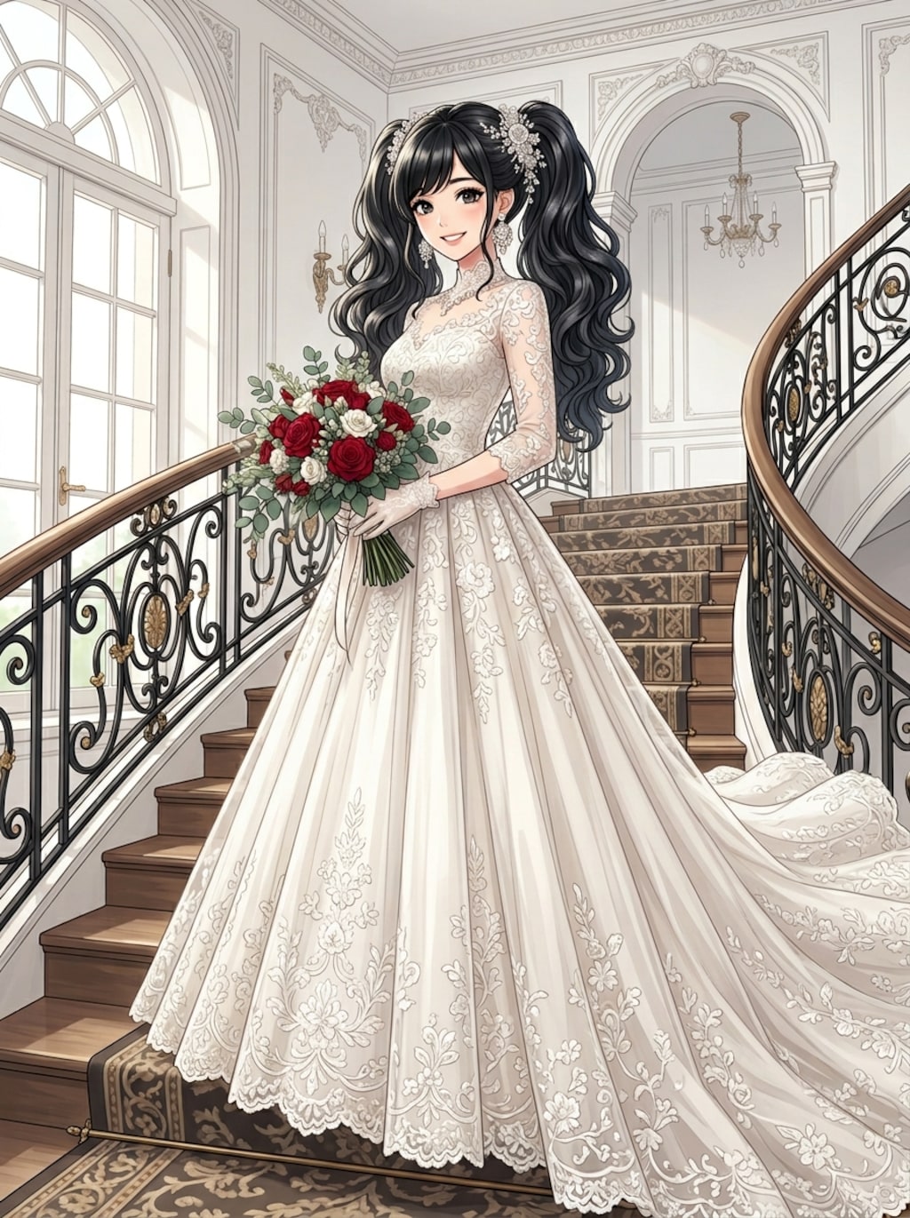 ウェディングドレスに赤い花