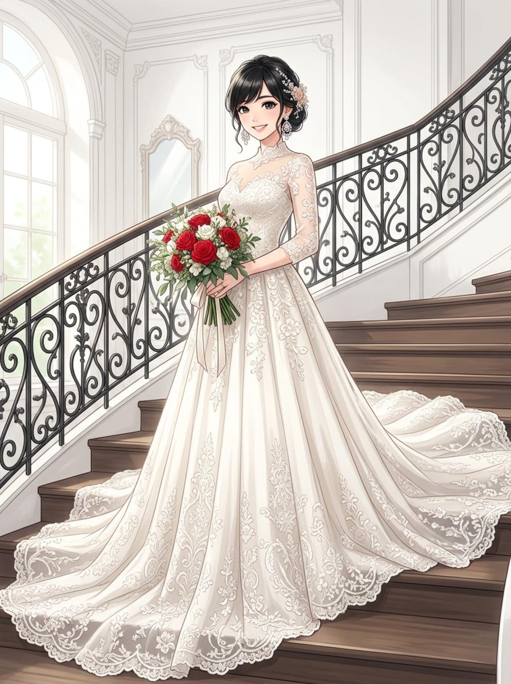 ウェディングドレスに赤い花