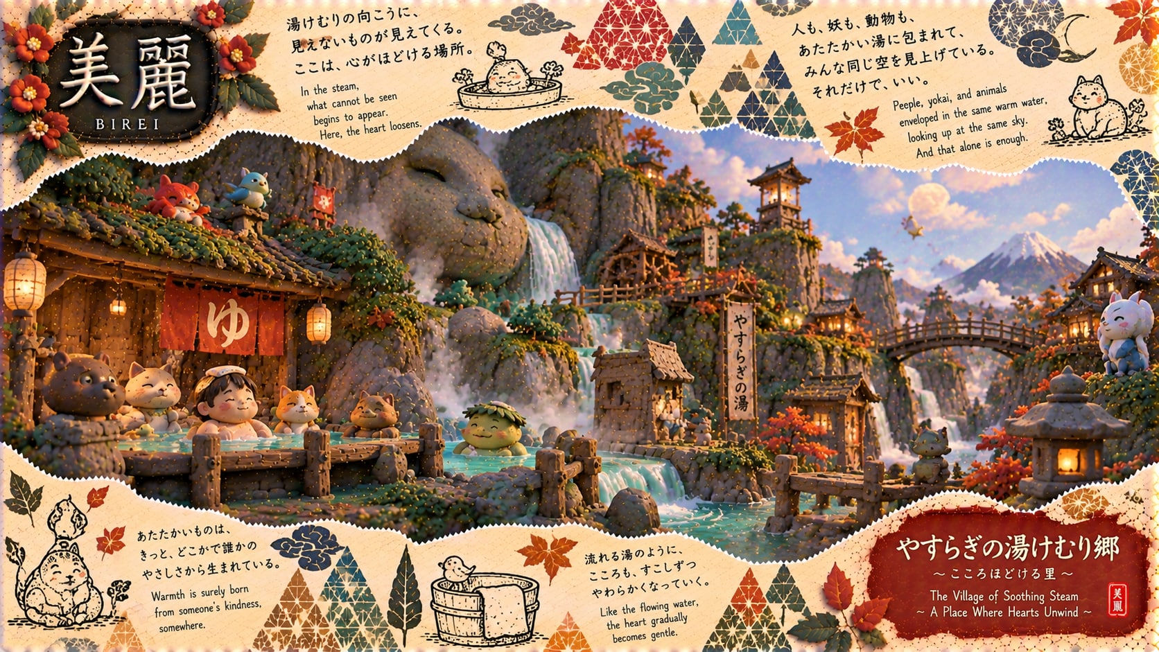 The Village of Soothing Steam  Set within a magical, intricate embroidery landscape of warm hot spri | の人気AIイラスト・グラビア