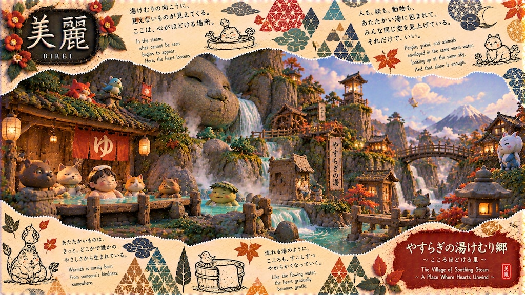 The Village of Soothing Steam  Set within a magical, intricate embroidery landscape of warm hot spri