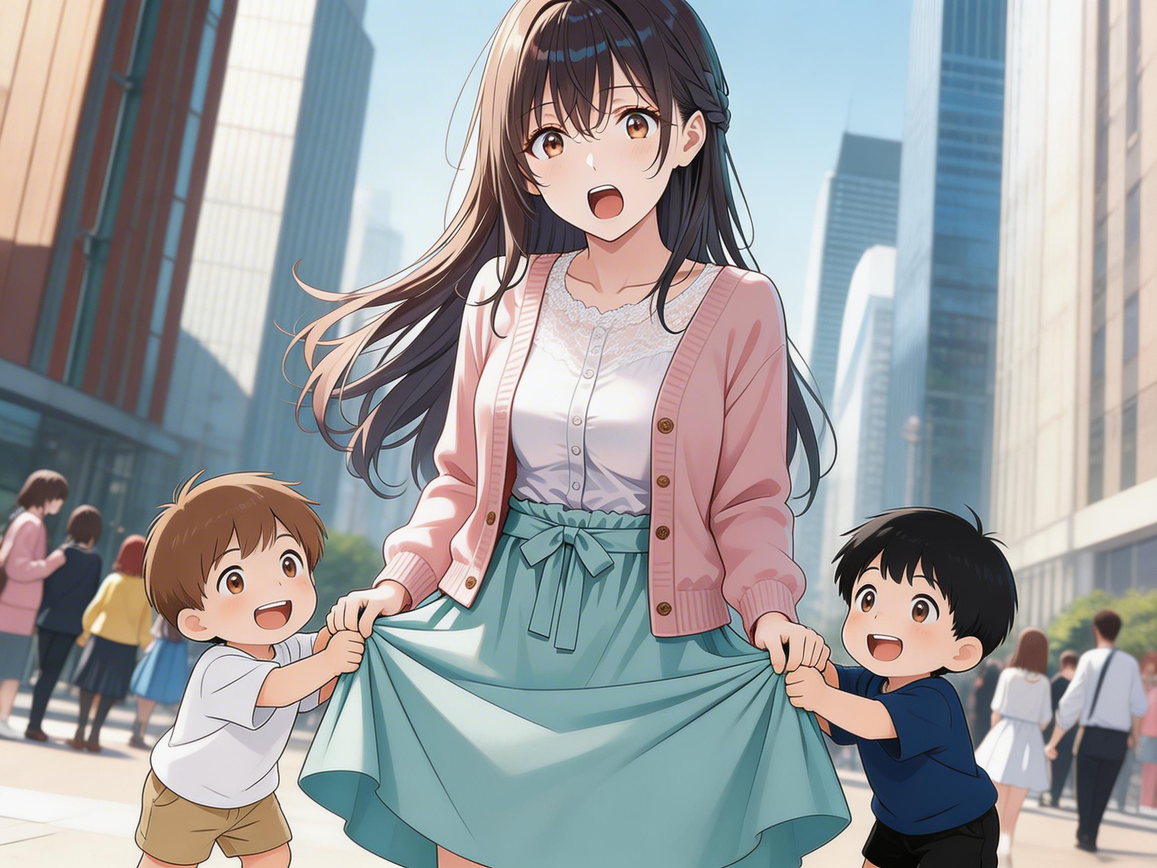 若期ユリママ　子供達にスカート引っ張られる