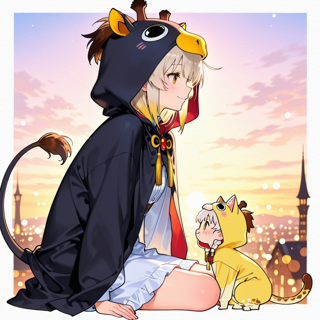 夕暮れの街並みと黒猫着ぐるみちび子ちゃん