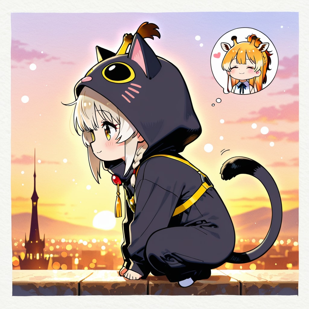 夕暮れの街並みと黒猫着ぐるみちび子ちゃん