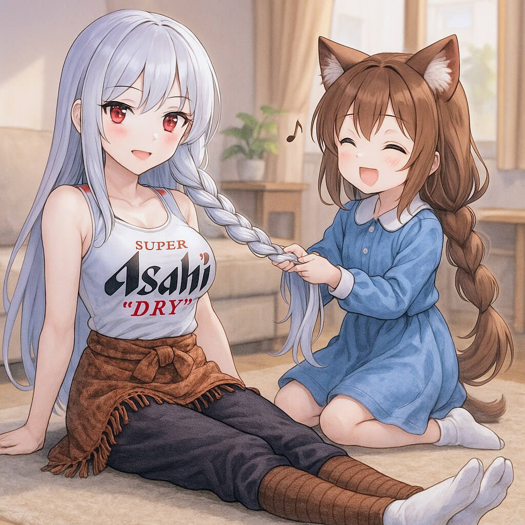 長座のお姉さんと三つ編みを編んでる小さな女の子