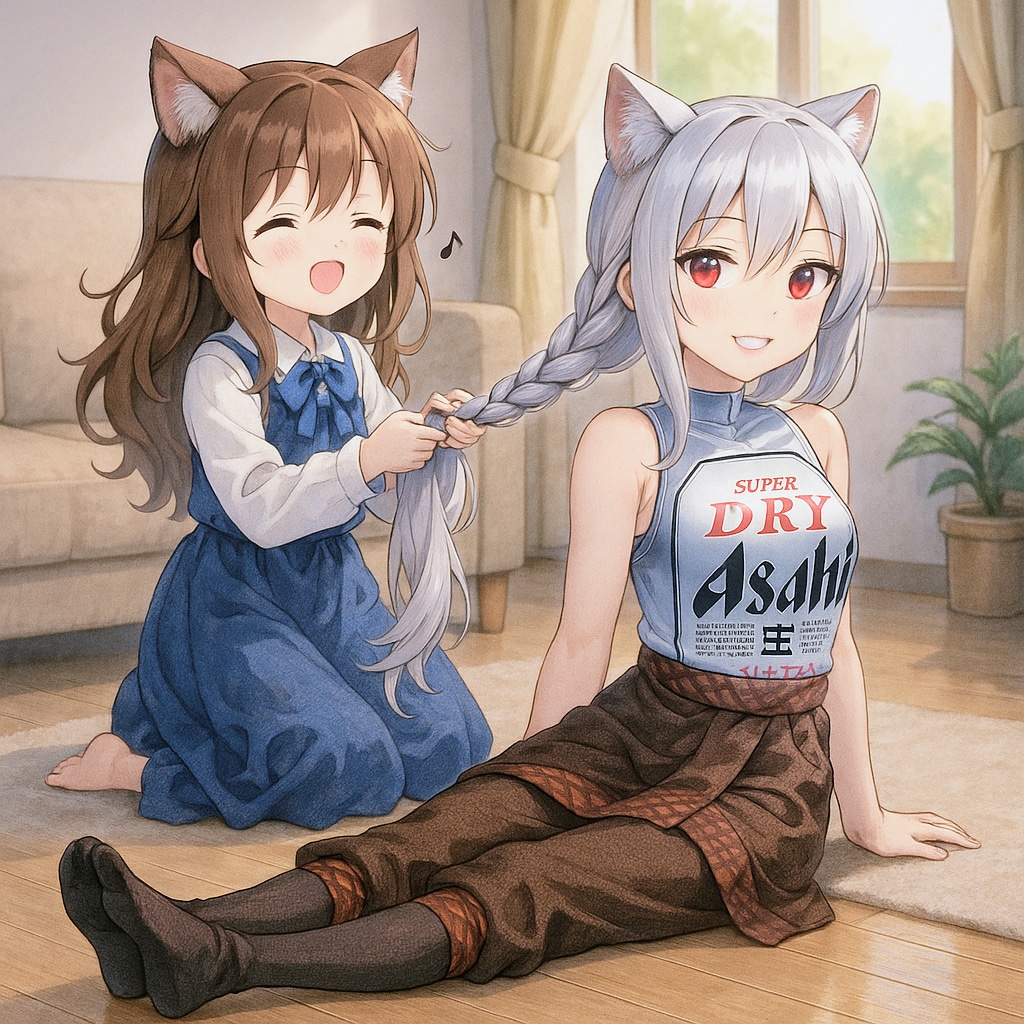 長座のお姉さんと三つ編みを編んでる小さな女の子