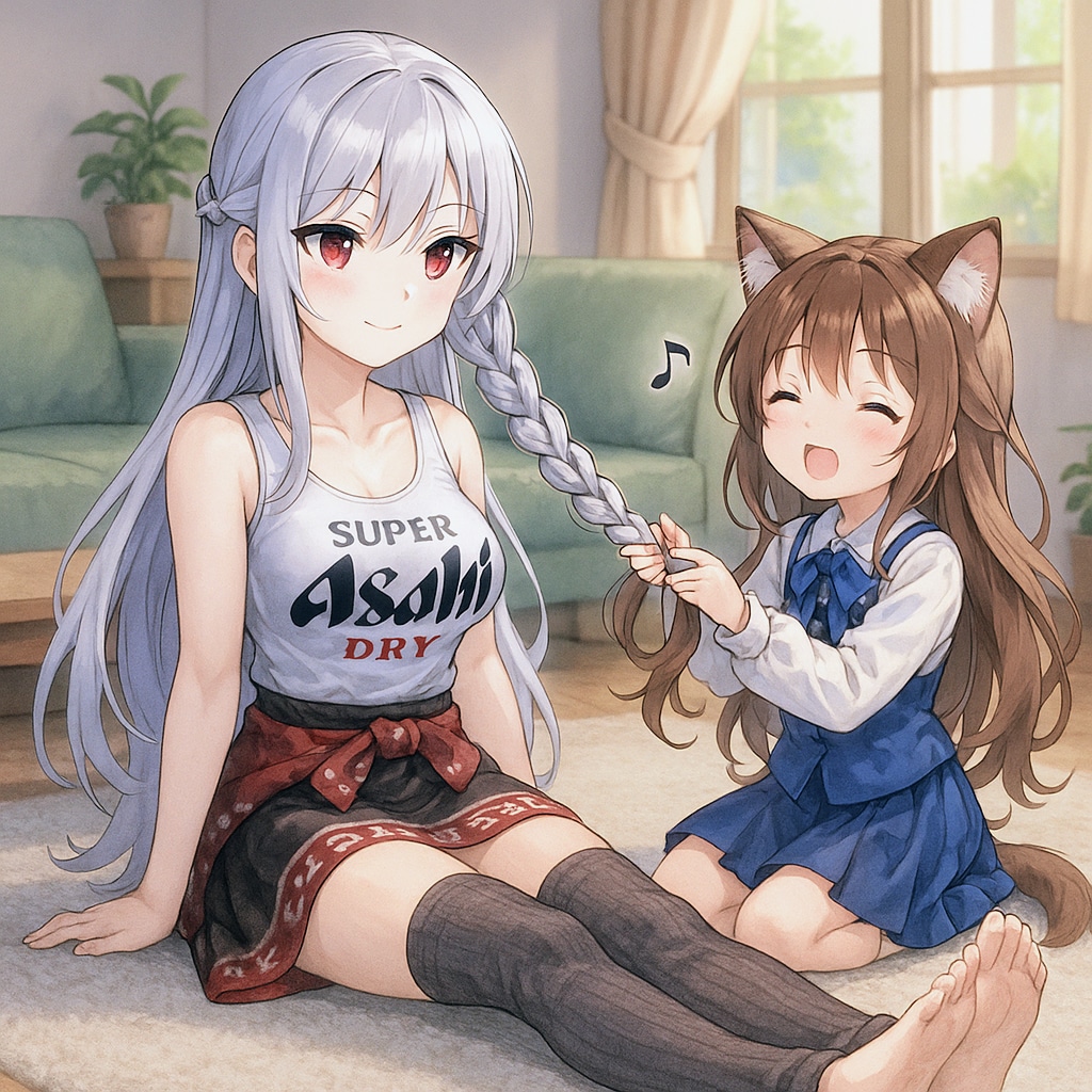 長座のお姉さんと三つ編みを編んでる小さな女の子