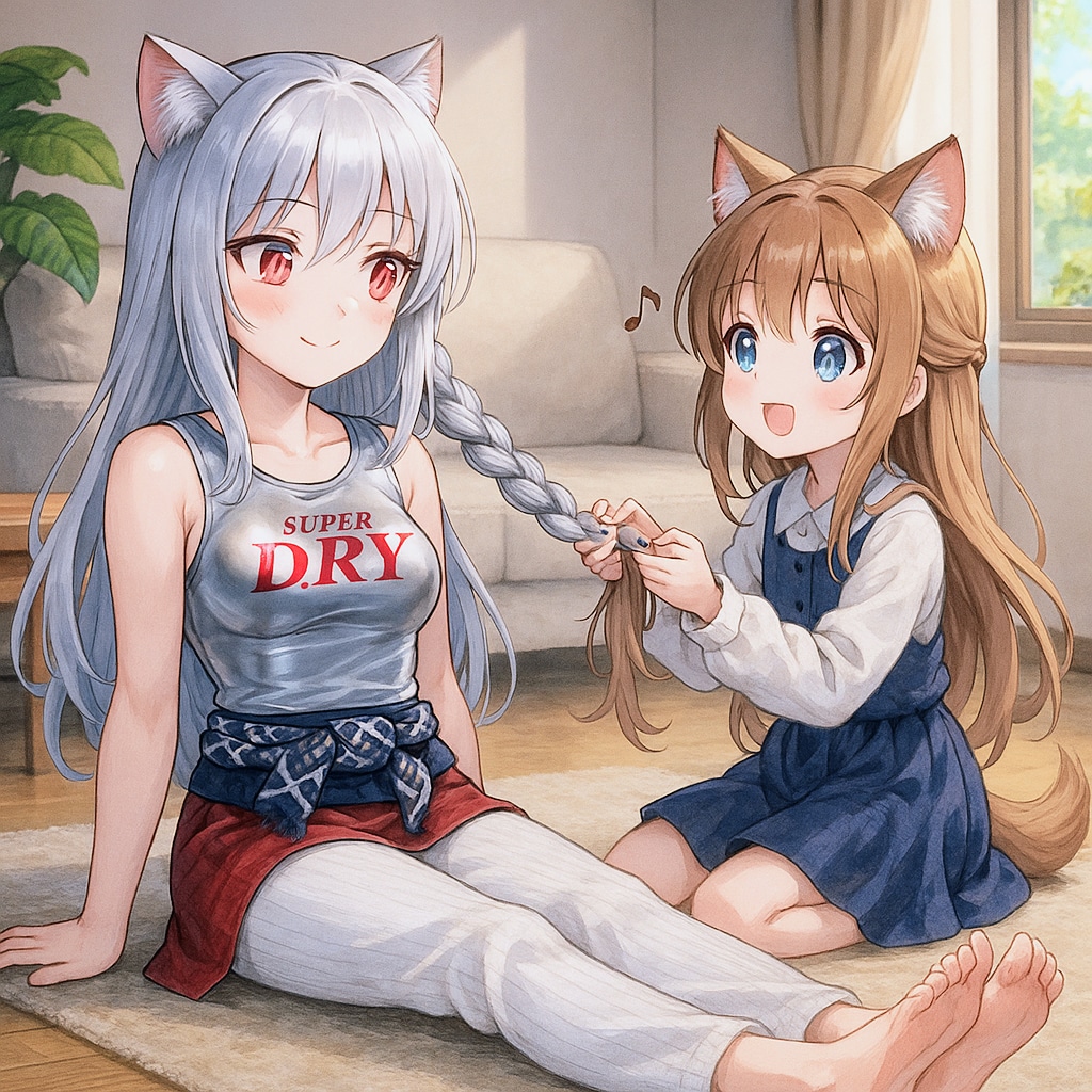 長座のお姉さんと三つ編みを編んでる小さな女の子