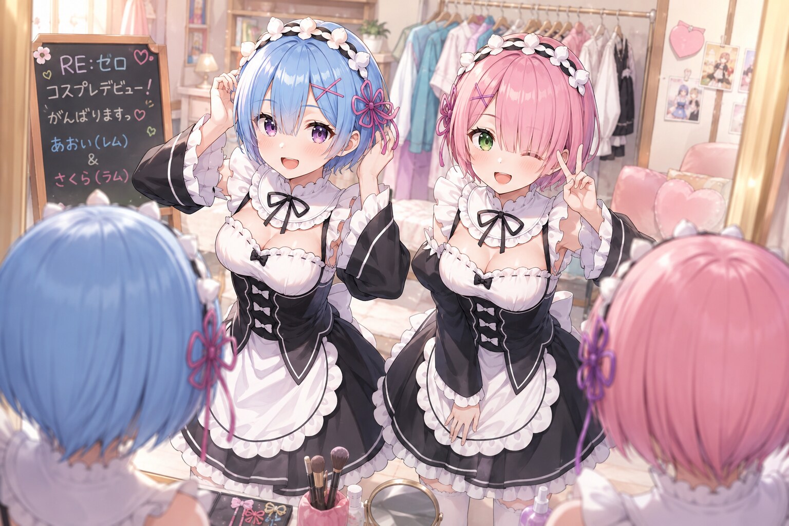 鏡の前では完璧だったのに…！レムラム合わせ初出陣♡ | の人気AIイラスト・グラビア