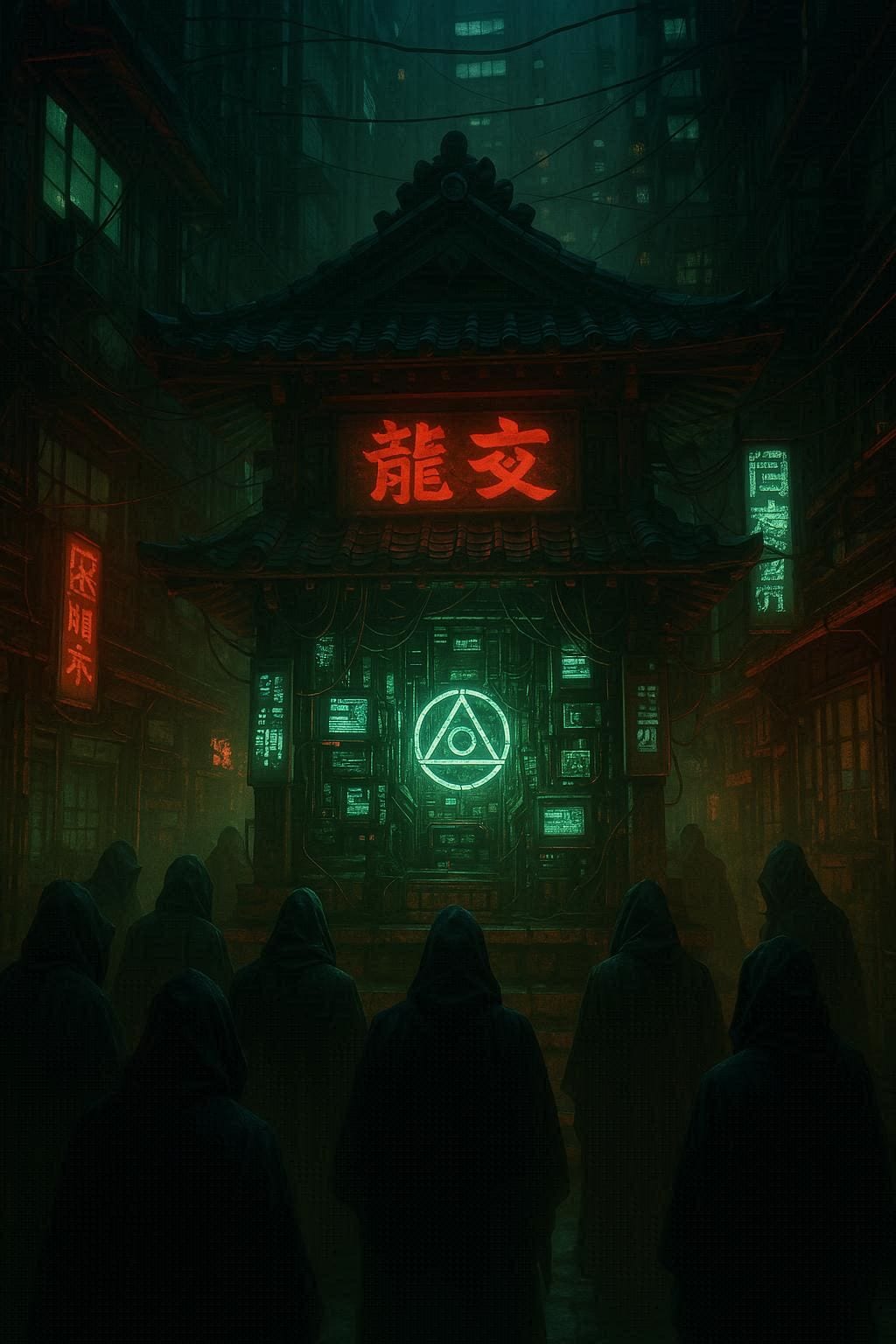 電子世界の奥深く隠された秘密結社の日本テイストなサイバーパンク風本拠地