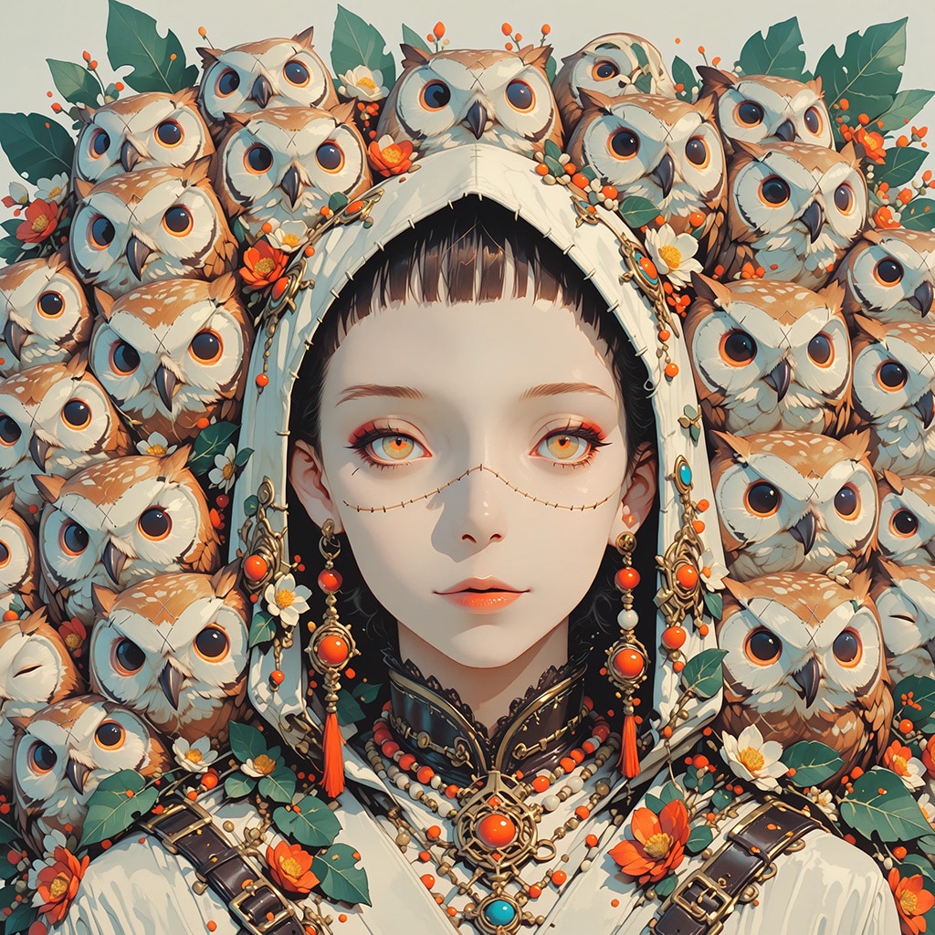 フクロウに集られる女