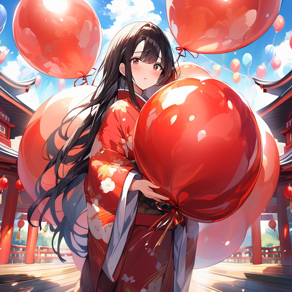 神社で赤い巨大風船を膨らませて遊ぶ黒髪ロングの着物美女 | の人気AIイラスト・グラビア