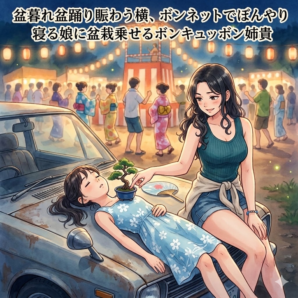 盆暮れ盆踊り賑わう横、ボンネットでぼんやり寝る娘に盆栽乗せるボンキュッボン姉貴 | の人気AIイラスト・グラビア
