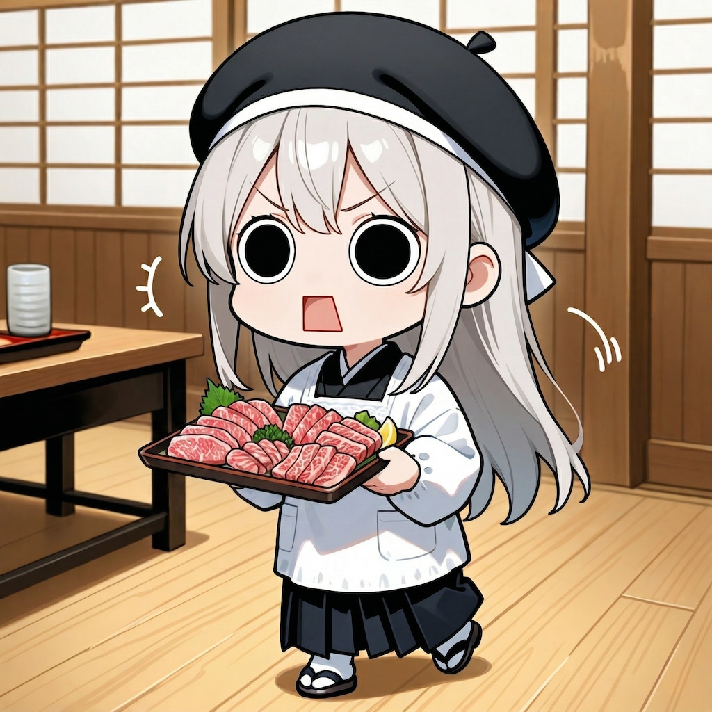 焼肉用の肉を運ぶえらいこっちゃ嬢