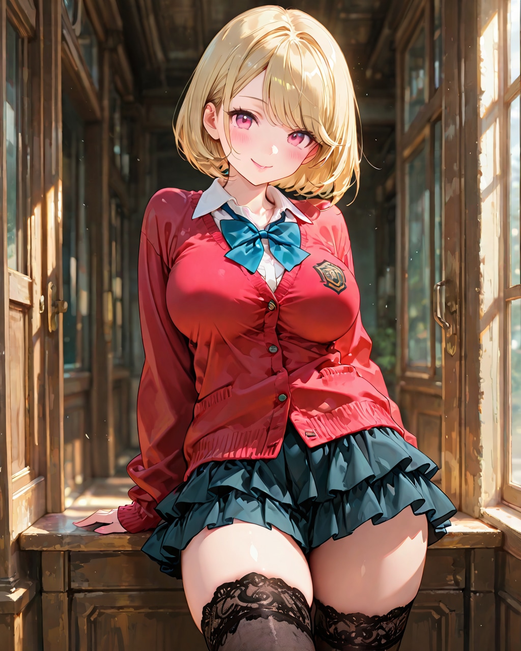 赤いカーディガンのJK