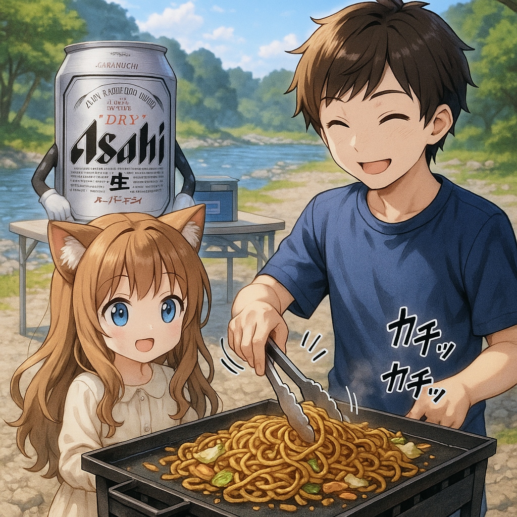 河原でバーベキューしている小さな女の子