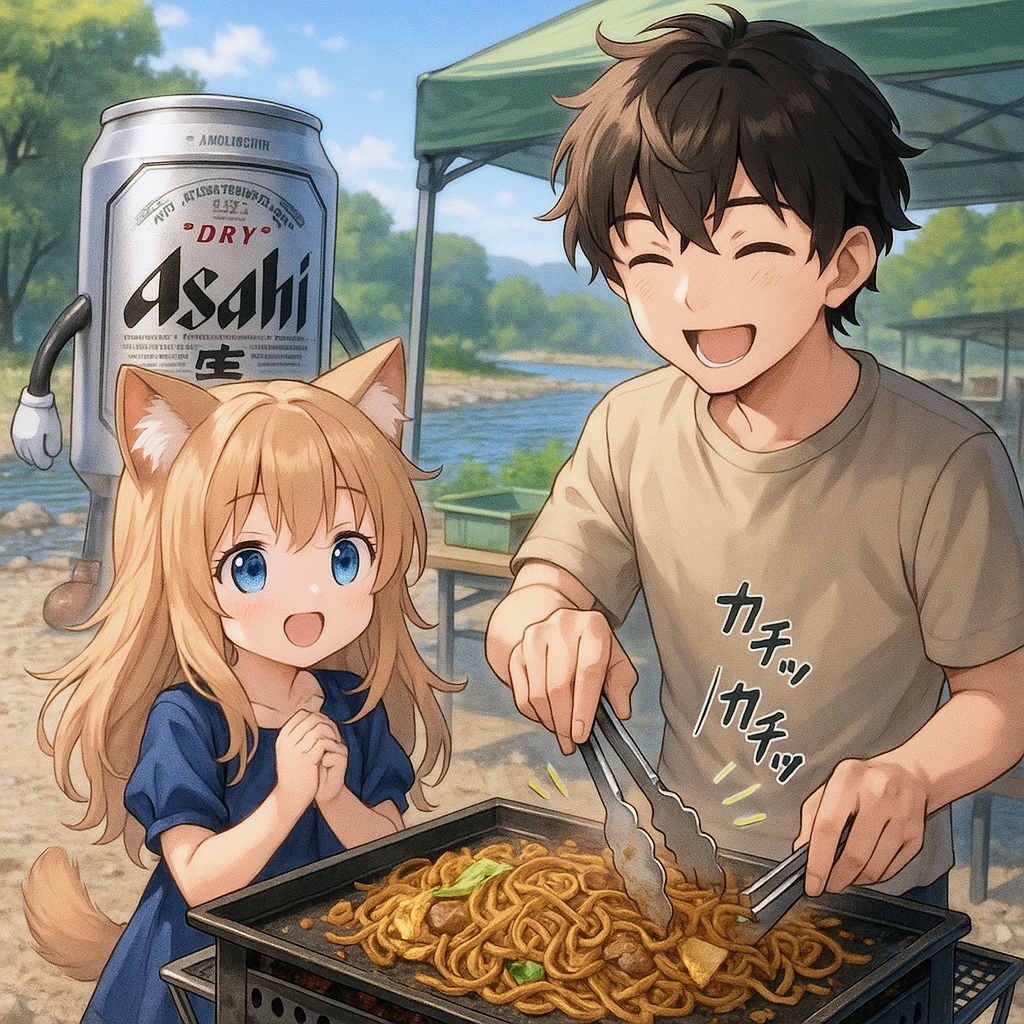 河原でバーベキューしている小さな女の子