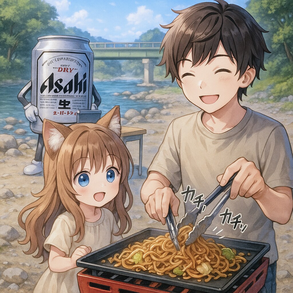 河原でバーベキューしている小さな女の子