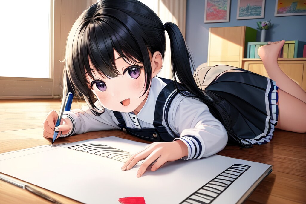 寝そべってお絵描きする幼女