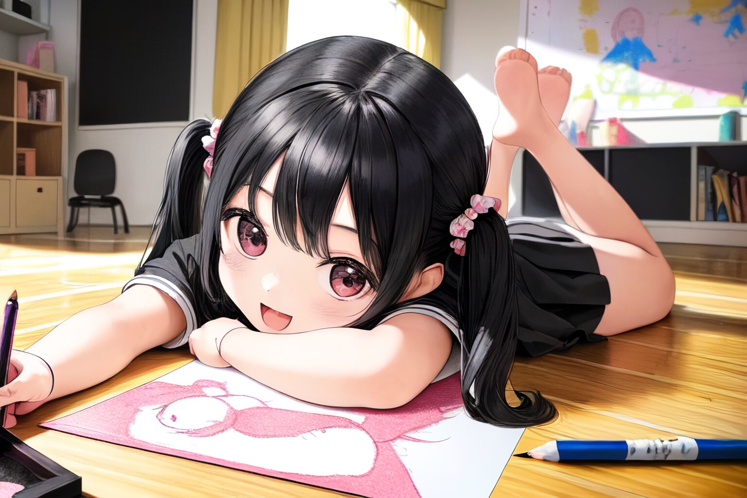 寝そべってお絵描きする幼女