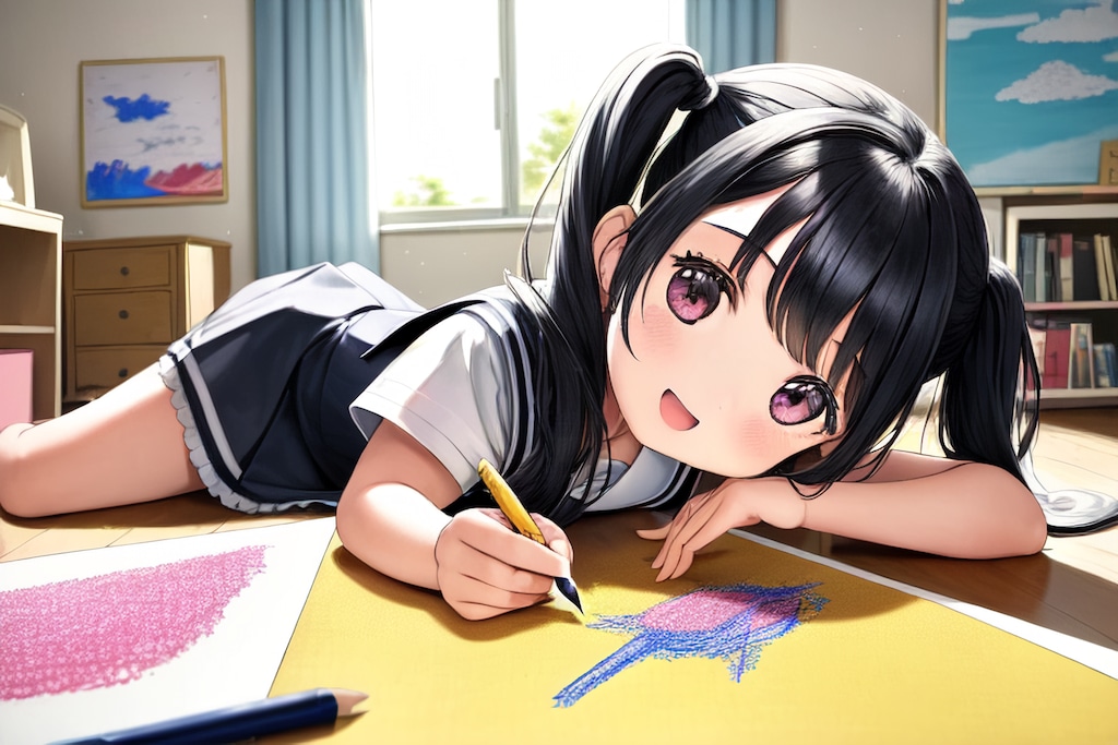 寝そべってお絵描きする幼女