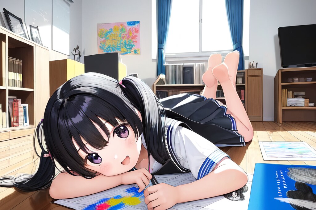 寝そべってお絵描きする幼女