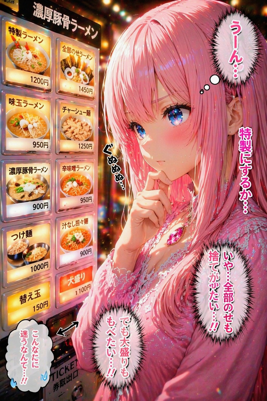 ラーメン屋で悩む、えきどなお姉やん | の人気AIイラスト・グラビア