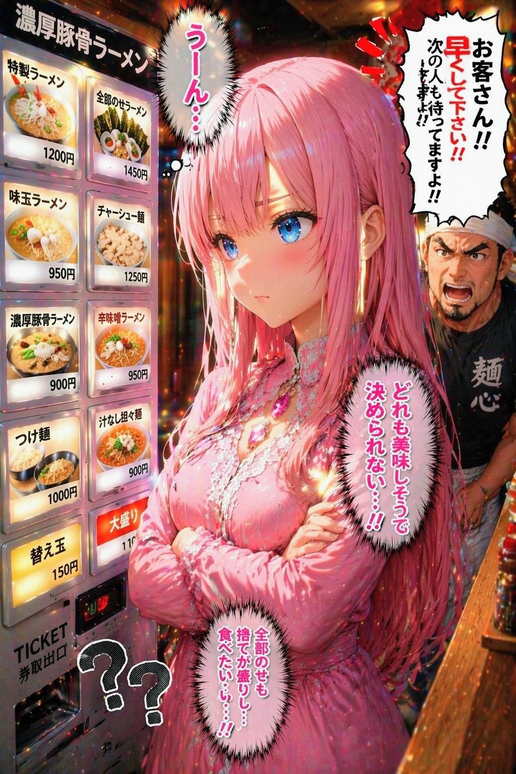 ラーメン屋で悩む、えきどなお姉やん