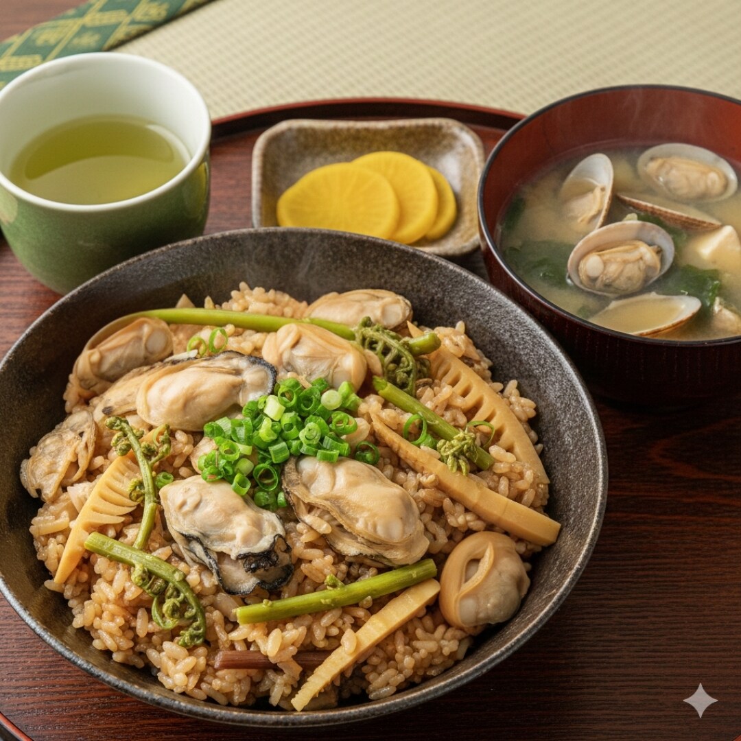 【朝食】あさりと牡蠣の山菜炊き込み御飯、あさり味噌汁、沢庵、緑茶