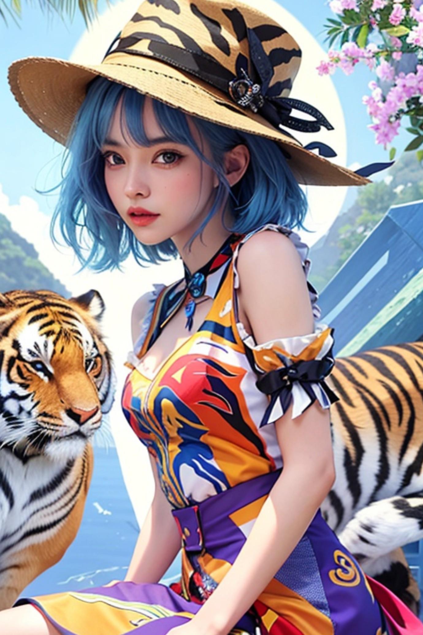 虎と青髪の人