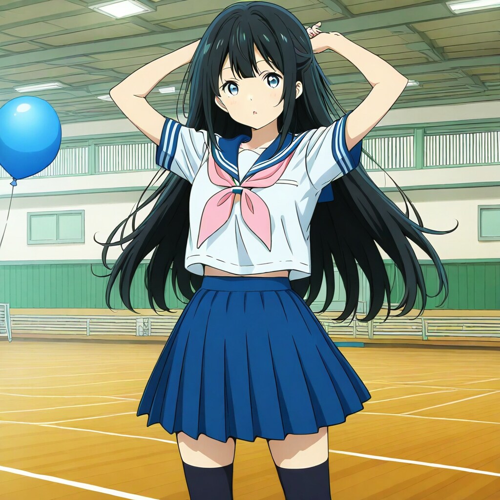 体育館で青い風船を膨らませて遊ぶセーラー服の美少女。 | の人気AIイラスト・グラビア